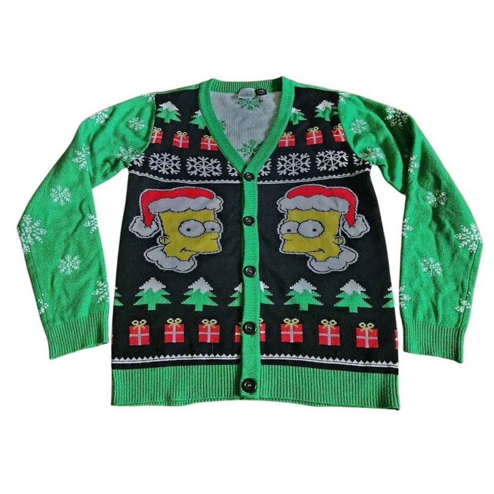 The Simpsons Bart Santa Ugly Christmas Cardigan Sweater Green Black Large 706